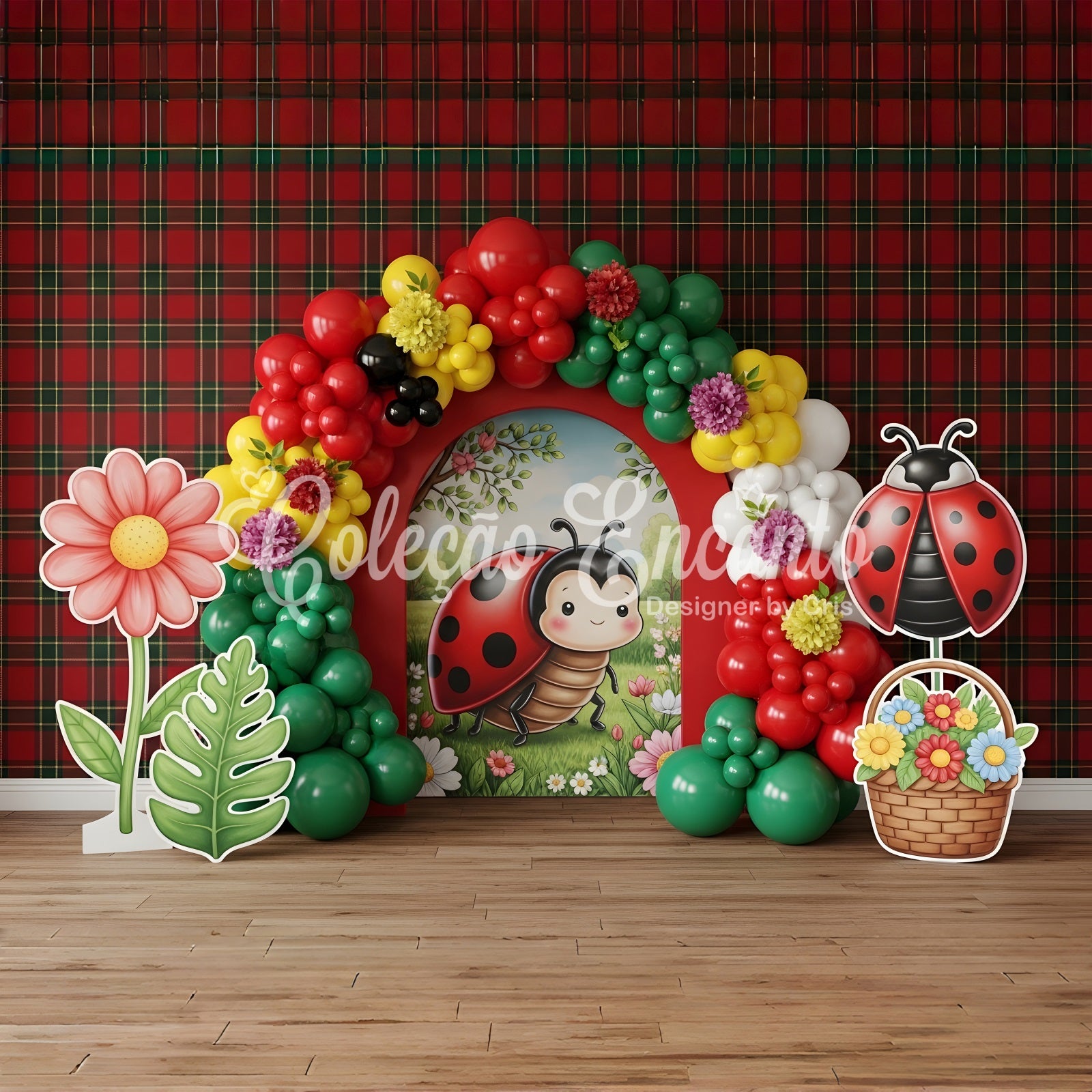 Photography Backdrops Kids Ladybug Plaid Flower Balloon Arch Newborn Fabric Backdrops CEM65-41