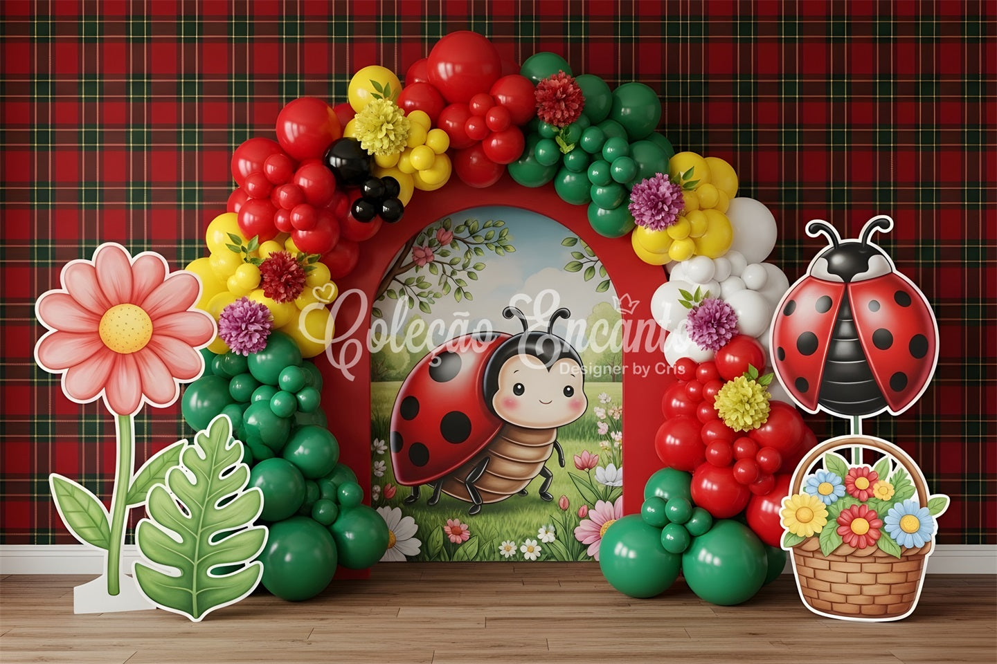 Photography Backdrops Kids Ladybug Plaid Flower Balloon Arch Newborn Fabric Backdrops CEM65-41
