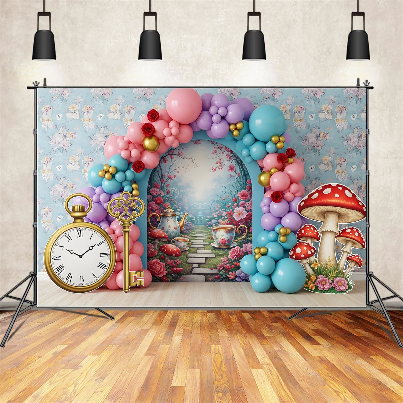 Kids Photo Backdrops Wonderland Tea Garden Balloon Arch Children Backdrops CEM65-42