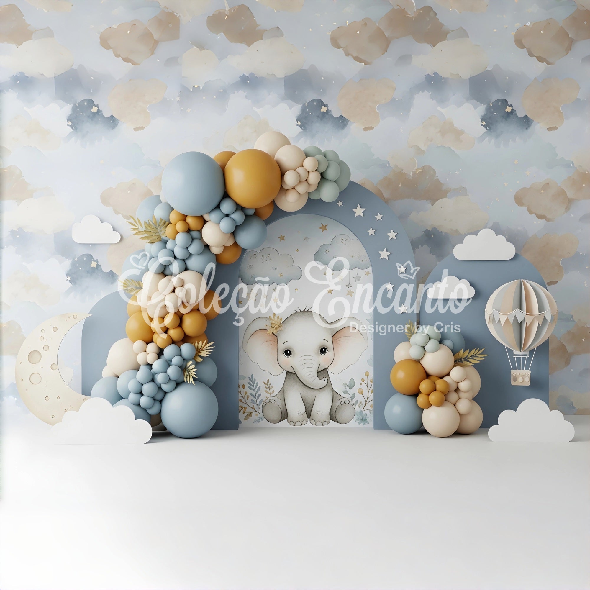 Newborn Photography Wood Backdrop Elephant Moon Cloud Balloon Arch Kid Backdrop CEM65-45