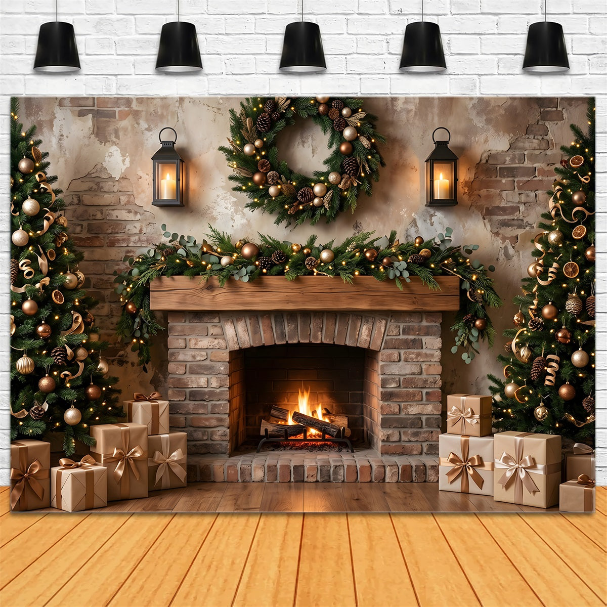 Christmas Fireplace Backdrop Rustic Wreath Lantern Trees Christmas Backdrops Photography CEM65-69