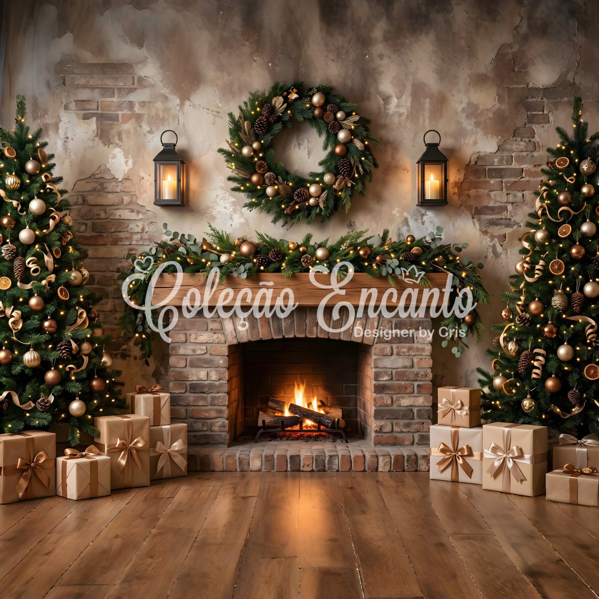 Christmas Fireplace Backdrop Rustic Wreath Lantern Trees Christmas Backdrops Photography CEM65-69
