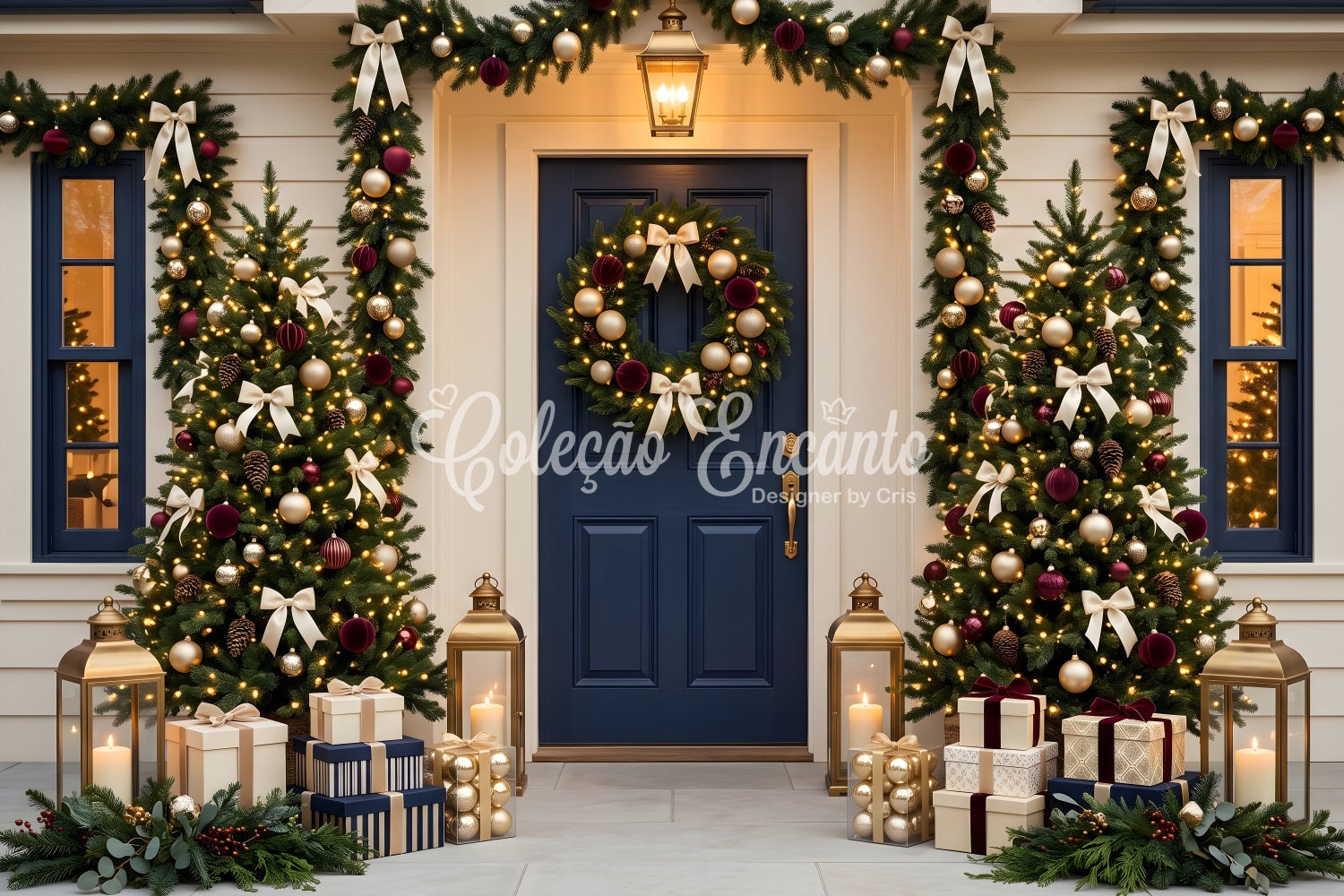 Christmas Backdrops Navy Door Garland Tree Porch Christmas Backdrop For Photography CEM65-70