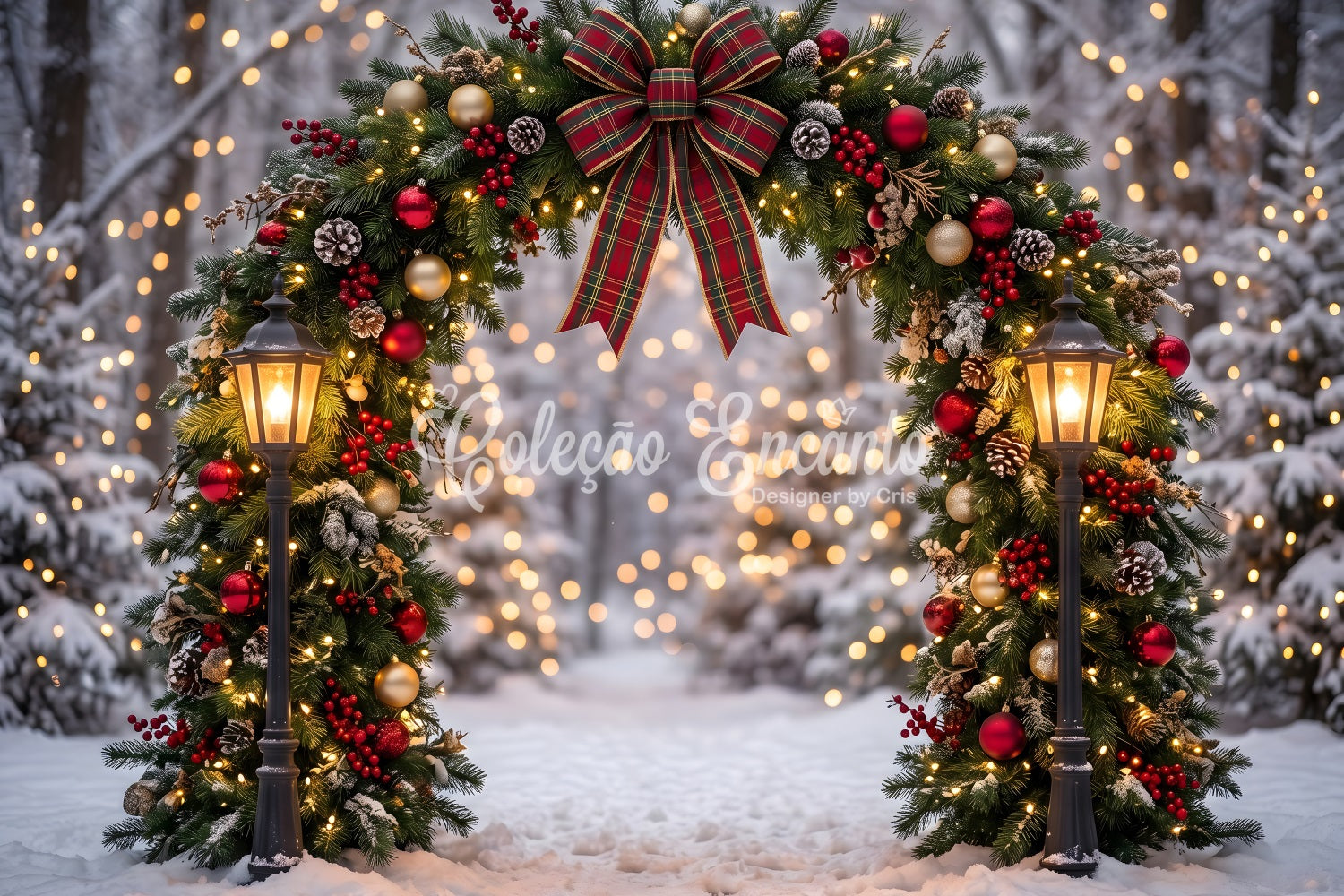 Christmas Photo Backdrop Snowy Forest Plaid Wreath Arch Photography Christmas Backdrops CEM65-71