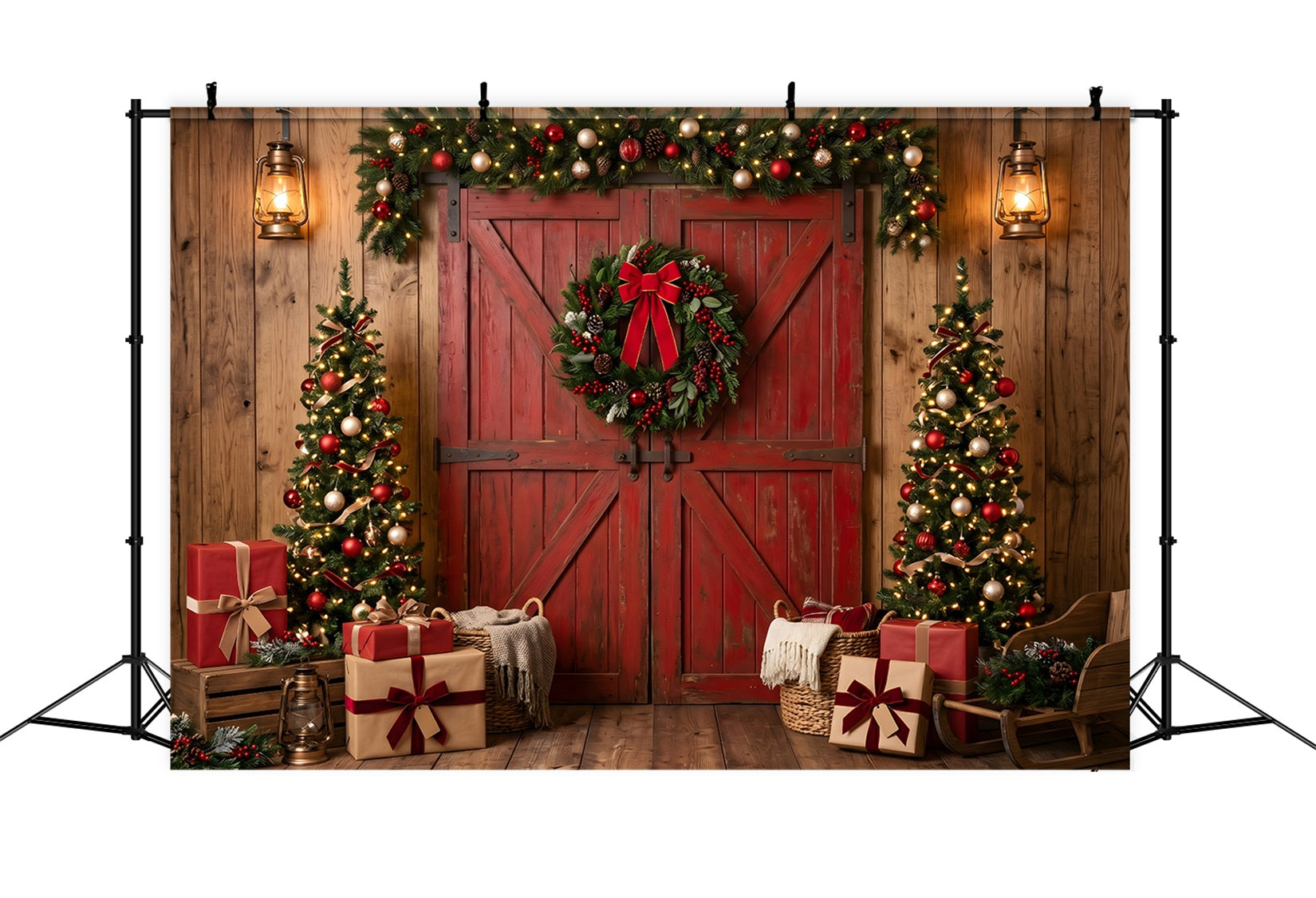 Christmas Tree Backdrop Rustic Red Barn Wreath Trees Christmas Backdrop For Pictures CEM65-73
