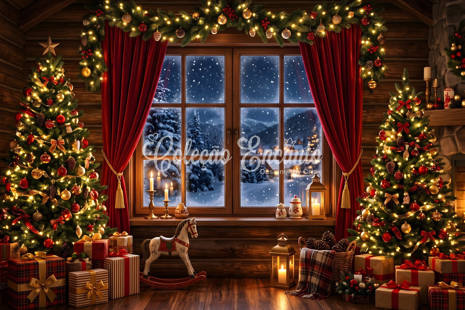 Christmas Photo Backdrops Cozy Cabin Snow Window Trees Christmas Backdrops For Pictures CEM65-75