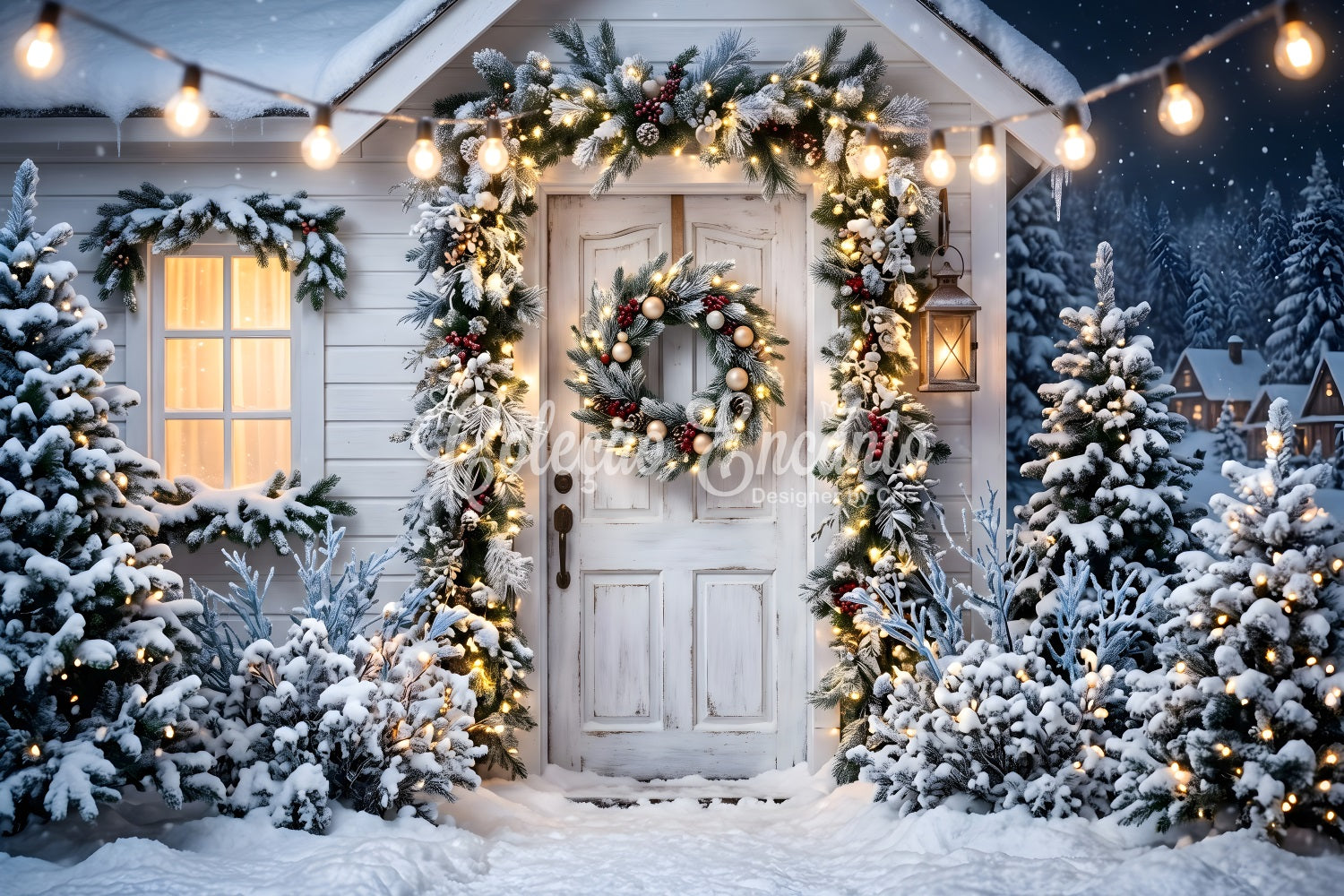 Christmas Backdrops For Photos Snowy White Porch Wreath Christmas Photobooth Backdrop CEM65-78