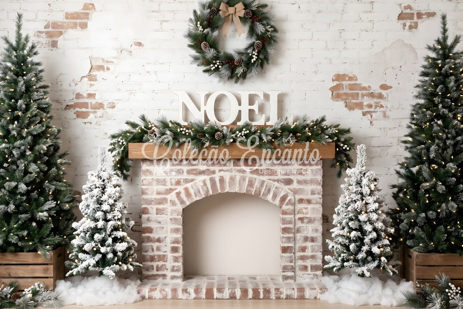 Christmas Backdrops 10x10 Frosted Brick Fireplace Noel Wreath Christmas Studio Backdrop CEM65-81