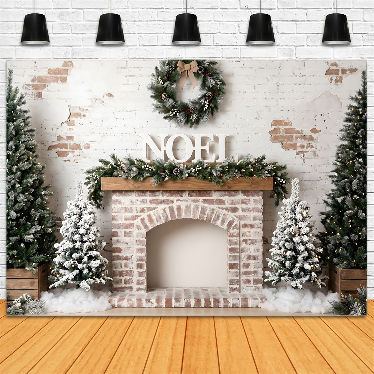 Christmas Backdrops 10x10 Frosted Brick Fireplace Noel Wreath Christmas Studio Backdrop CEM65-81