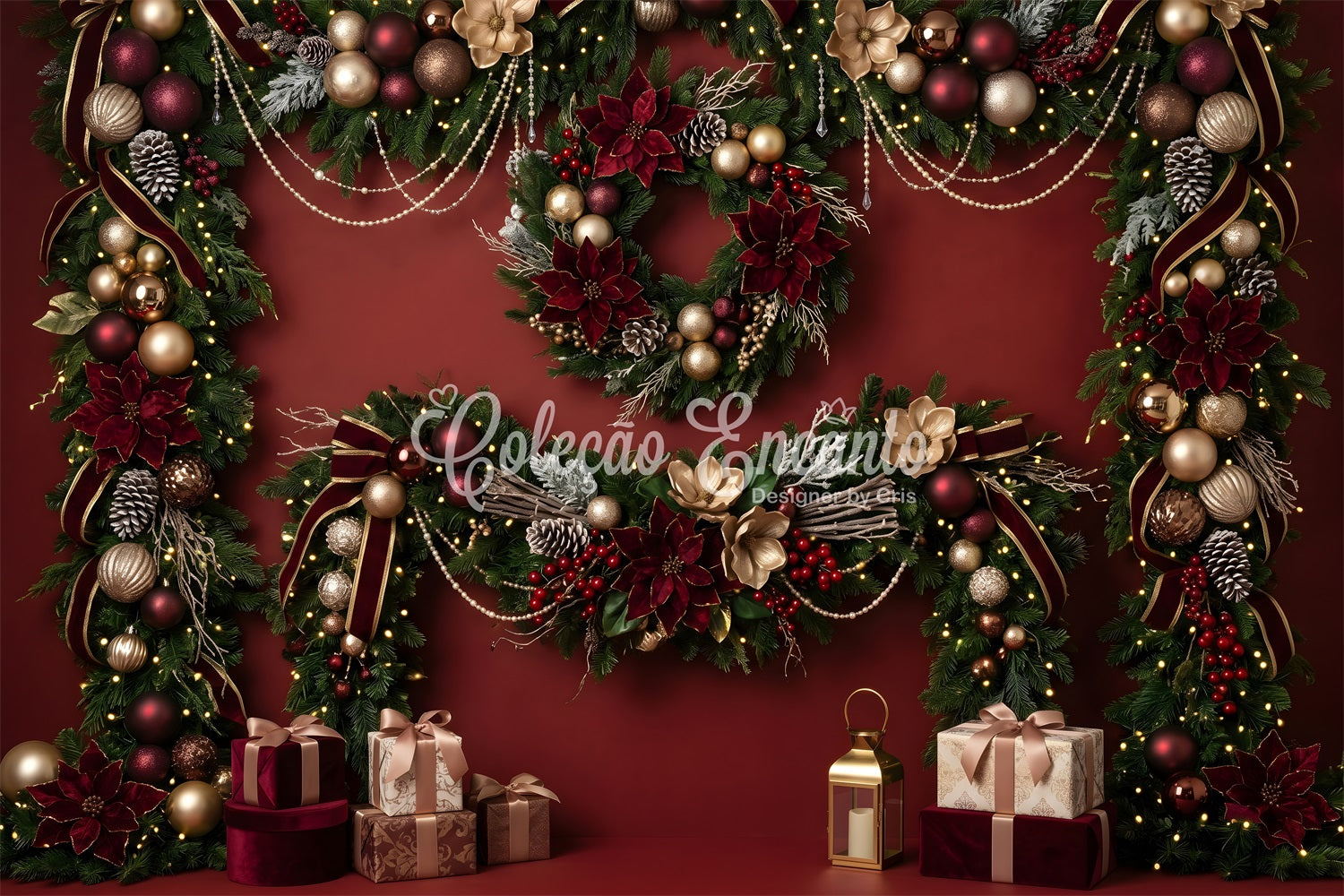 Red Christmas Backdrop Burgundy Poinsettia Garland Gift Christmas Backdrop Photoshoot CEM65-82