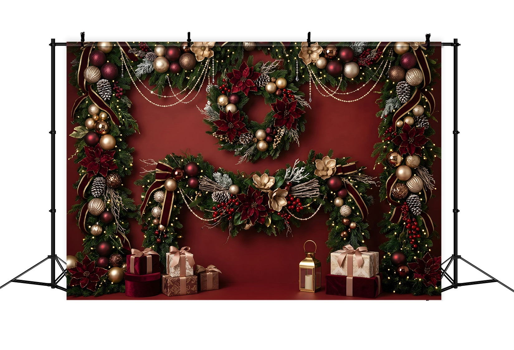 Red Christmas Backdrop Burgundy Poinsettia Garland Gift Christmas Backdrop Photoshoot CEM65-82