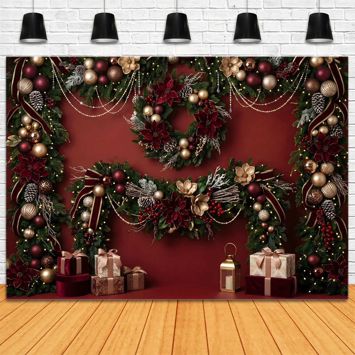 Red Christmas Backdrop Burgundy Poinsettia Garland Gift Christmas Backdrop Photoshoot CEM65-82