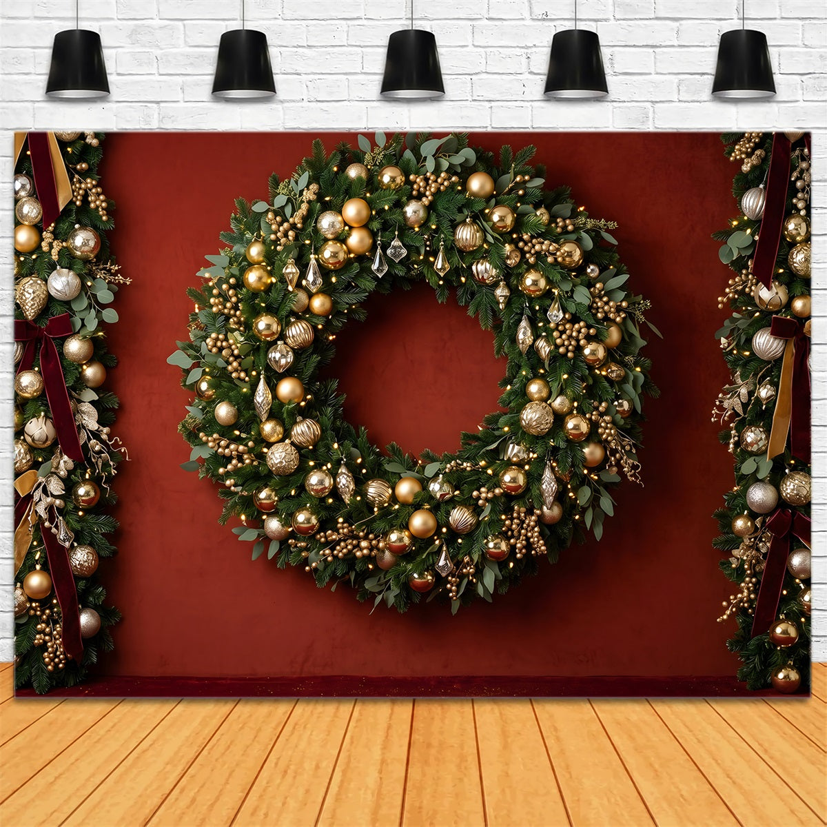 Christmas Photography Backdrop Golden Ornament Wreath Garland Christmas Photo Backdrops CEM65-83