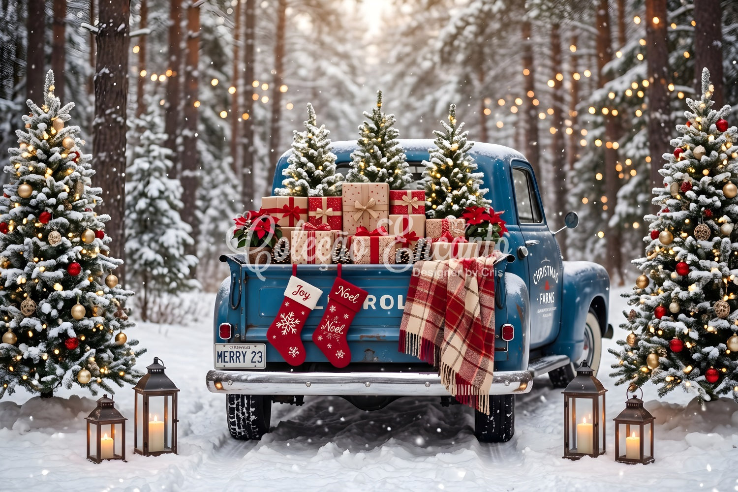 Professional Christmas Backdrops Vintage Blue Truck Snowy Forest Backdrop Christmas CEM65-84