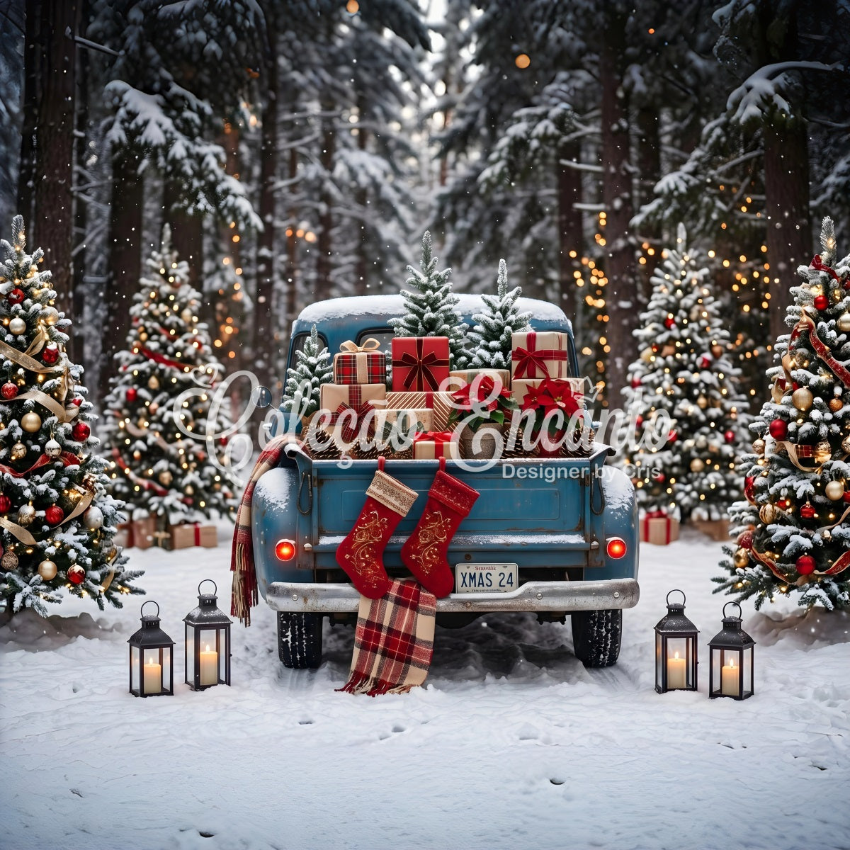 Christmas Photography Backdrops Vintage Blue Truck Forest Gifts Christmas Backdrops CEM65-85