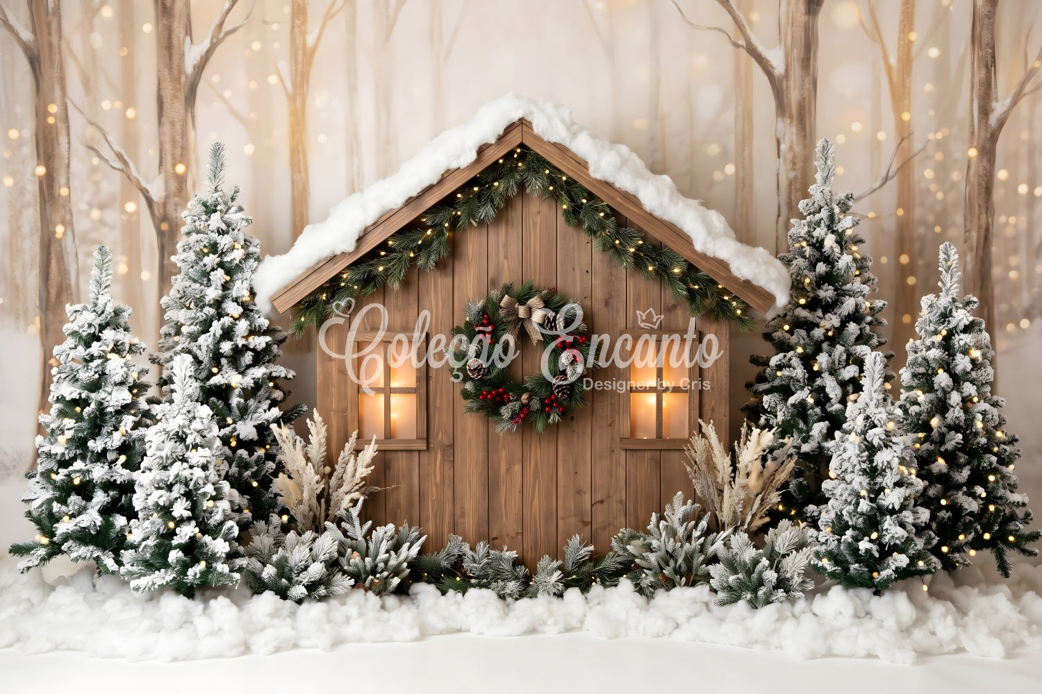 Outdoor Christmas Backdrop Snowy Woodland Cabin Pine Lights Christmas Backdrops CEM65-87