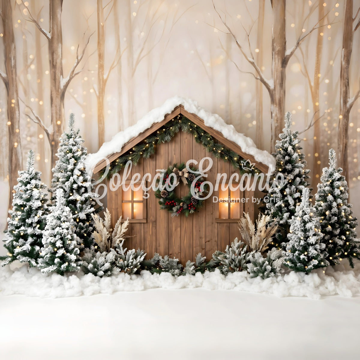 Outdoor Christmas Backdrop Snowy Woodland Cabin Pine Lights Christmas Backdrops CEM65-87