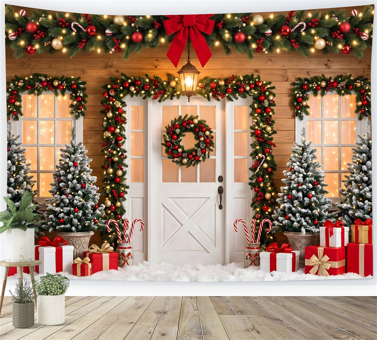 Christmas Photo Backdrop Ideas Red Bow Door Garland Gifts Christmas Backdrop Ideas CEM65-90