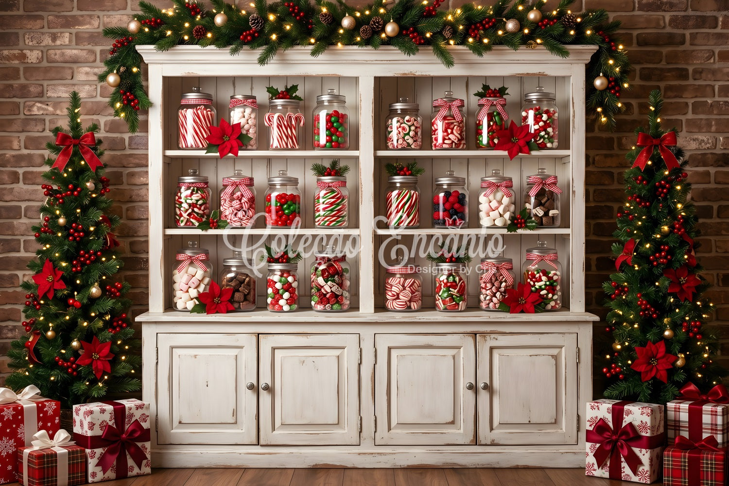 Christmas Photo Booth Backdrop Candy Jar Cabinet Poinsettia Trees Christmas Backdrops CEM65-91