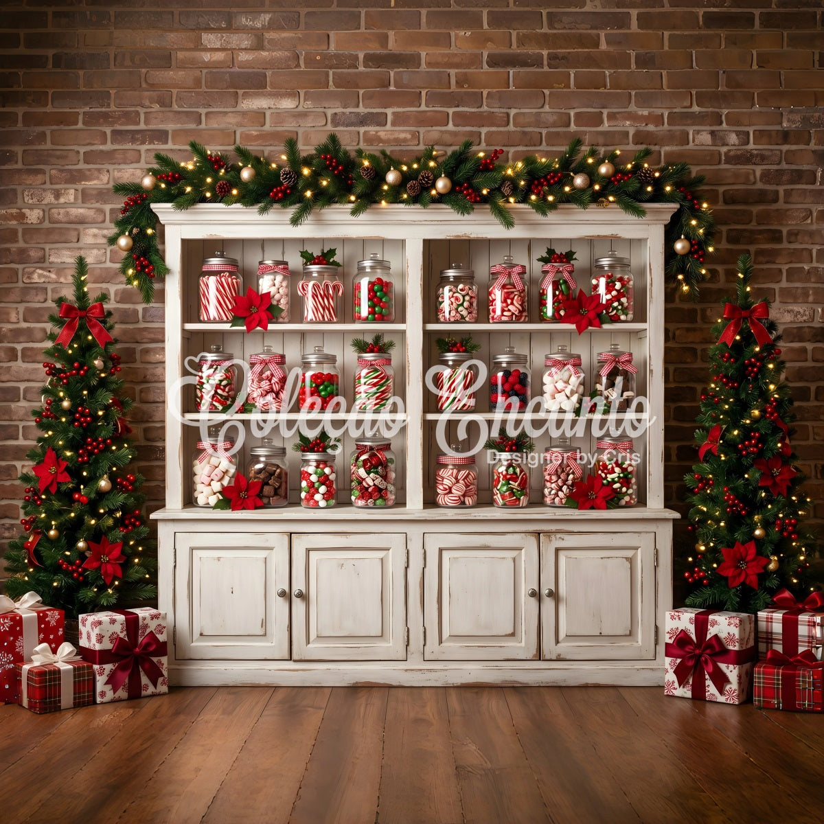 Christmas Photo Booth Backdrop Candy Jar Cabinet Poinsettia Trees Christmas Backdrops CEM65-91