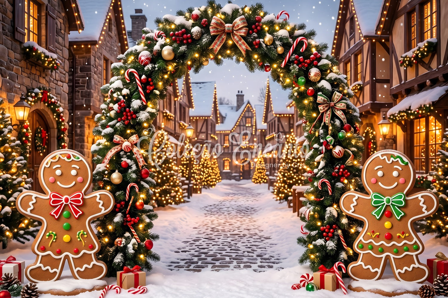 Elegant Christmas Backdrop Gingerbread Snow Village Light Arch Xmas Backdrops CEM65-92