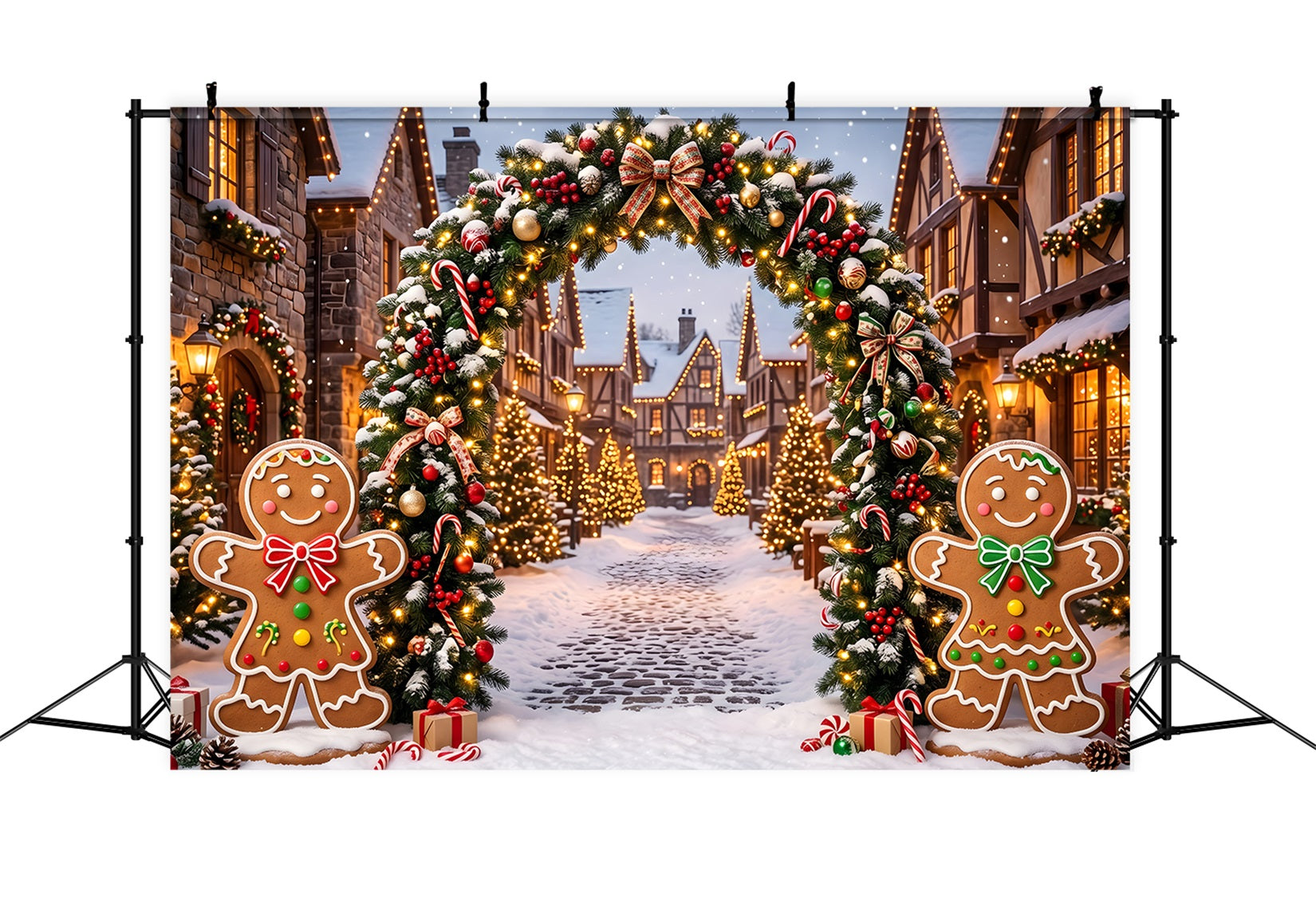 Elegant Christmas Backdrop Gingerbread Snow Village Light Arch Xmas Backdrops CEM65-92