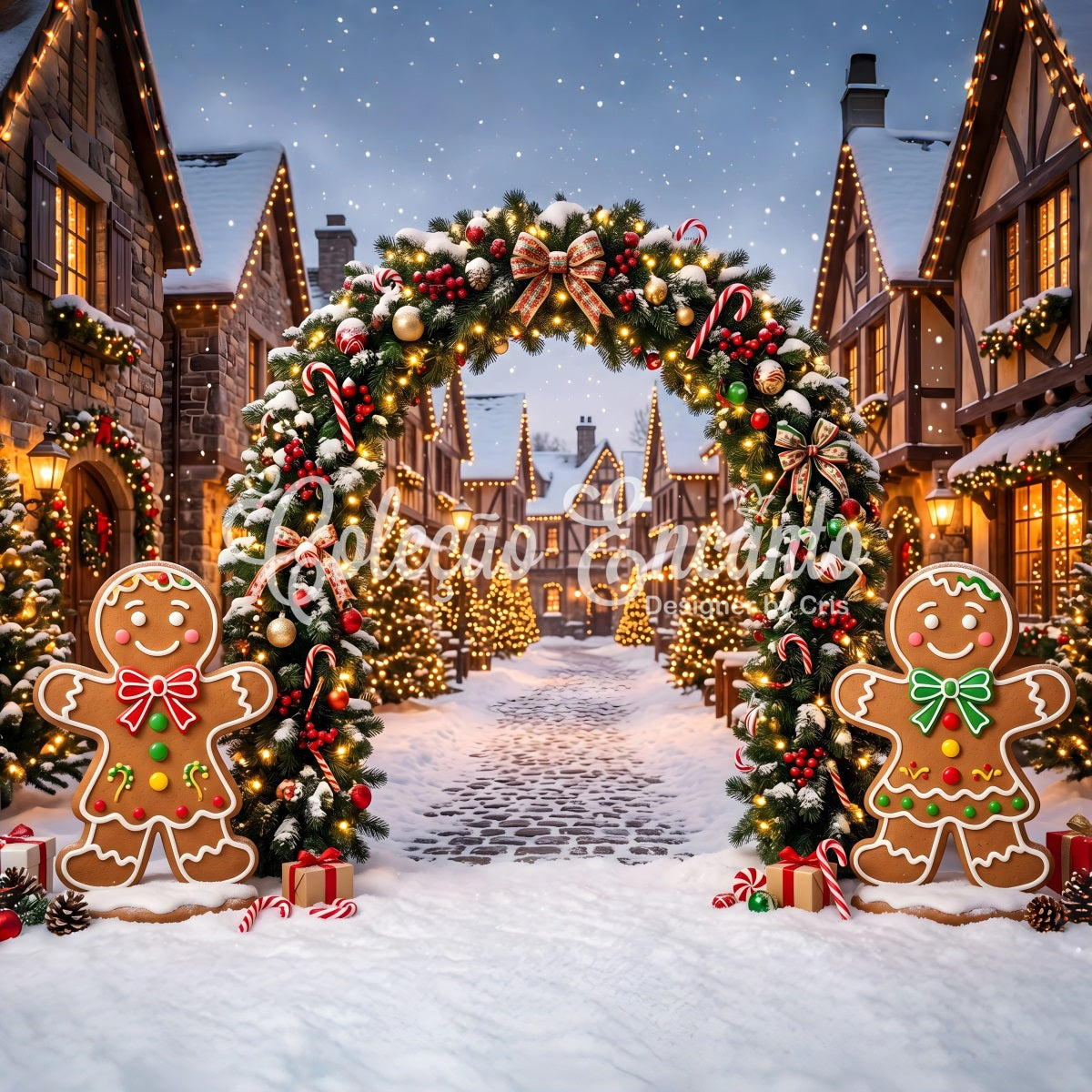 Elegant Christmas Backdrop Gingerbread Snow Village Light Arch Xmas Backdrops CEM65-92