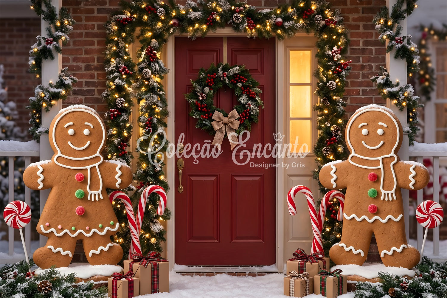 Backdrop Christmas Gingerbread Door Garland Candy Canes Christmas Photography Backdrop CEM65-94