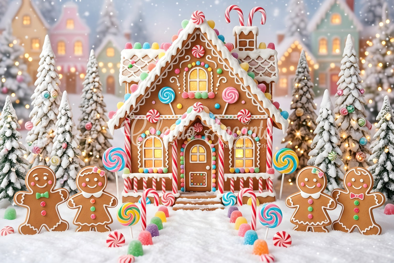 Christmas Backdrop Candy Gingerbread Village Snow Path Professional Christmas Backdrops CEM65-95