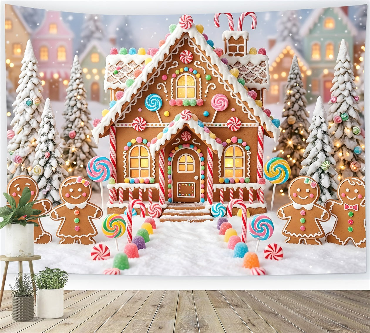 Christmas Backdrop Candy Gingerbread Village Snow Path Professional Christmas Backdrops CEM65-95