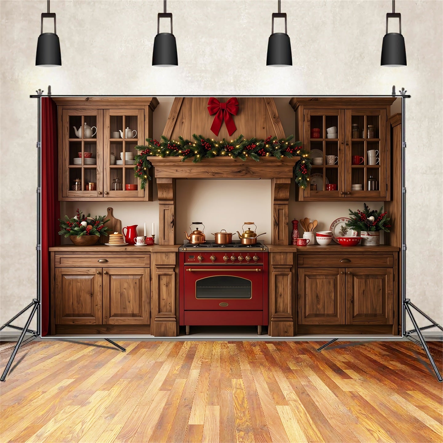 Christmas Kitchen Backdrop Rustic Holiday Pine Garland Christmas Photography Backdrops CEM65-96