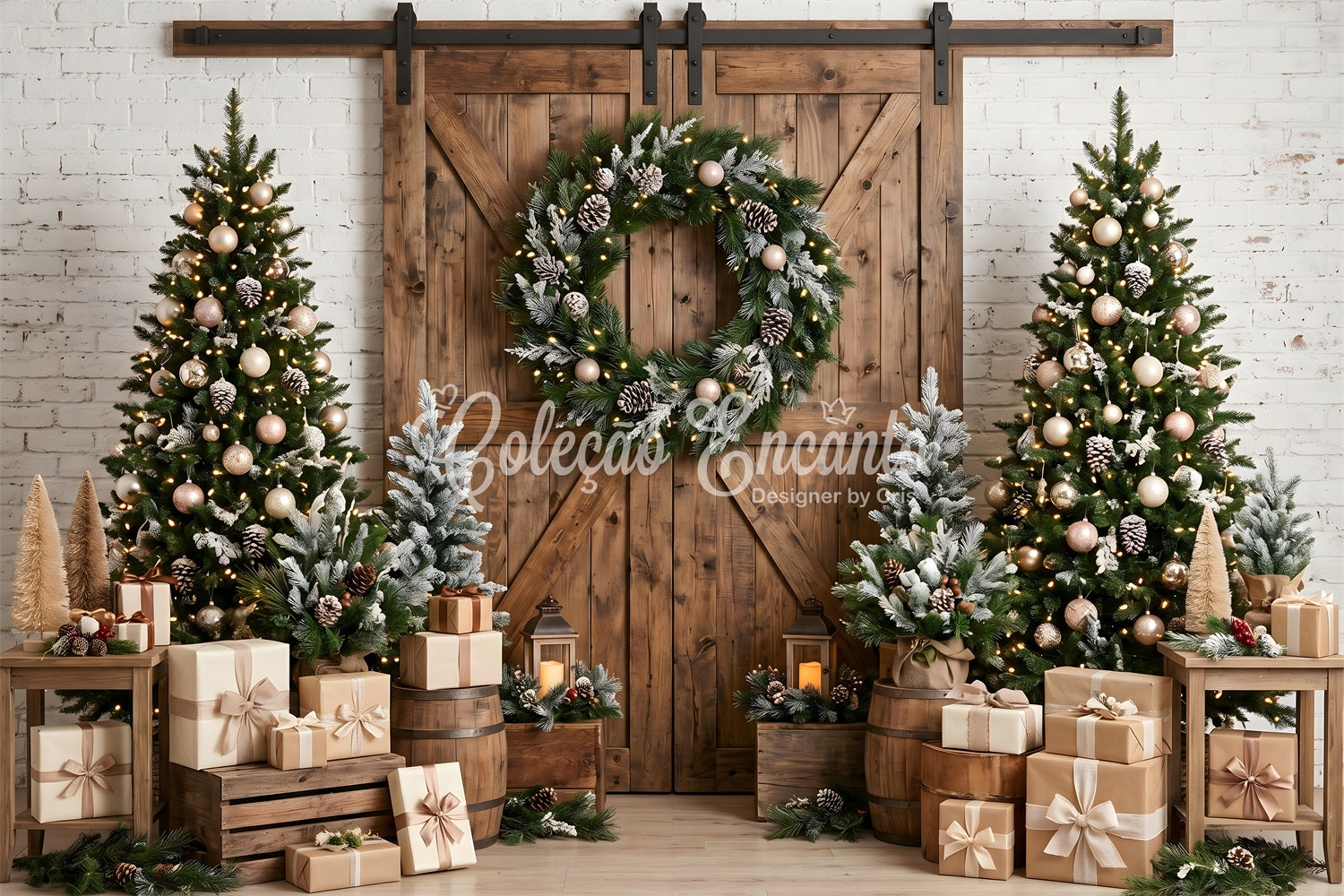 Christmas Theme Backdrop Rustic Barn Door Wreath Trees Christmas Backdrop Photography CEM65-97