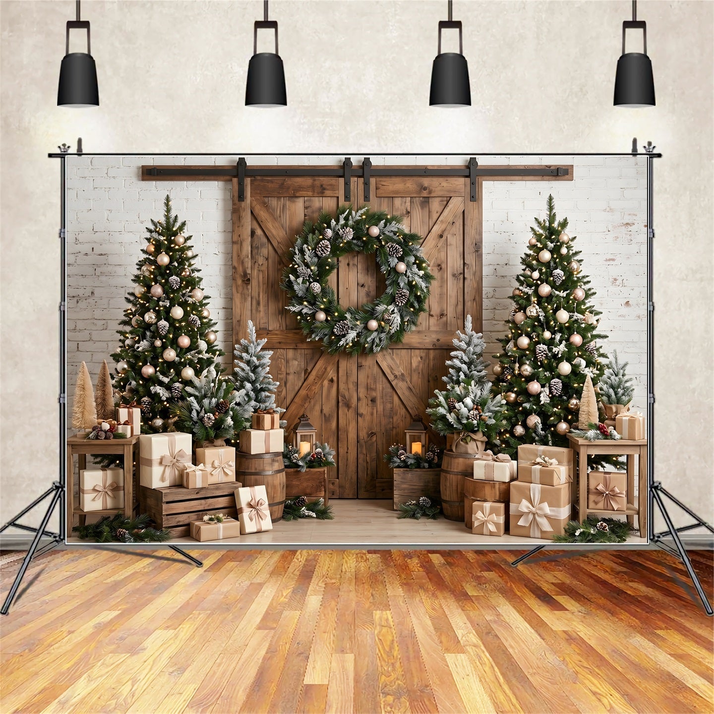 Christmas Theme Backdrop Rustic Barn Door Wreath Trees Christmas Backdrop Photography CEM65-97