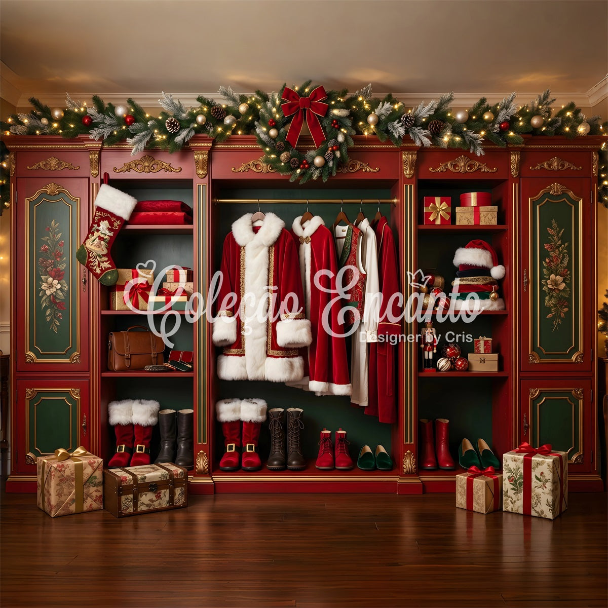 Vintage Christmas Backdrop Santa Wardrobe Holiday Closet Gifts Christmas Picture Backdrop CEM65-98