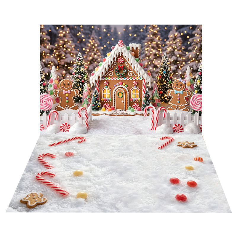 Candy Cane Gingerbread House Backdrop+Candy Cane Snow Floor Backdrop CEMCBS65-12
