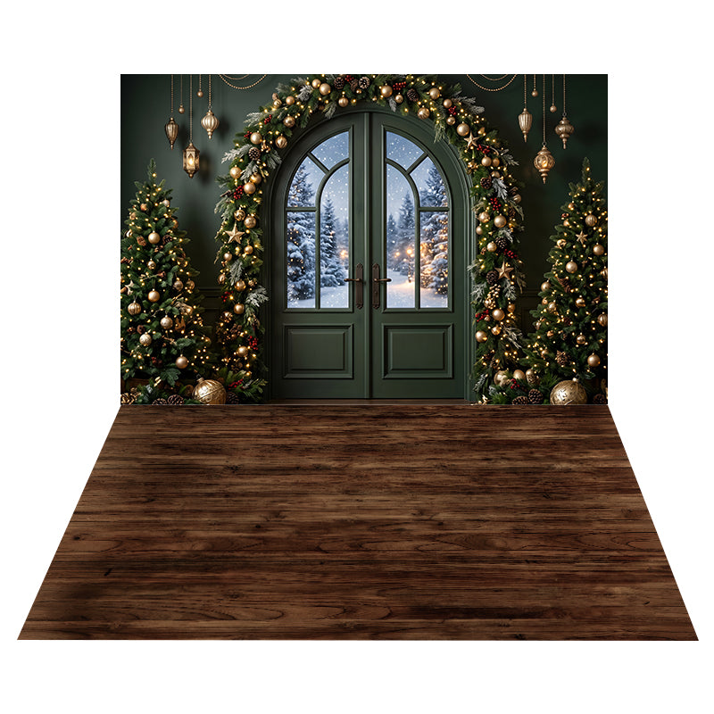 Emerald Garland Doorway Backdrop+Dark Rustic Wood Floor Backdrop CEMCBS65-13