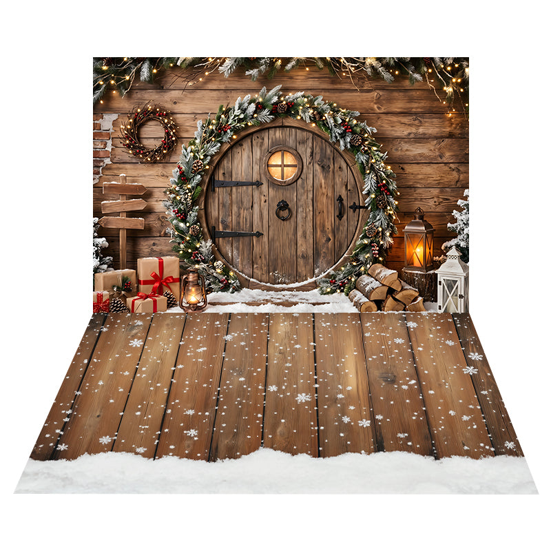 Rustic Round Garland Door Backdrop+Snowflake Wooden Floor Backdrop CEMCBS65-20