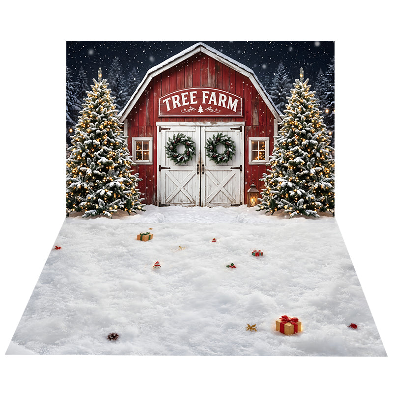 Snowy Tree Farm Barn Backdrop Dark+Rustic Wood Floor Backdrop CEMCBS65-21
