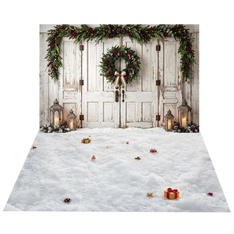 White Rustic Wreath Doors Backdrop+Scattered Gift Snow Floor Backdrop CEMCBS65-24