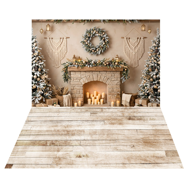 Boho Candle Fireplace Backdrop+Weathered White Wood Floor Backdrop CEMCBS65-27