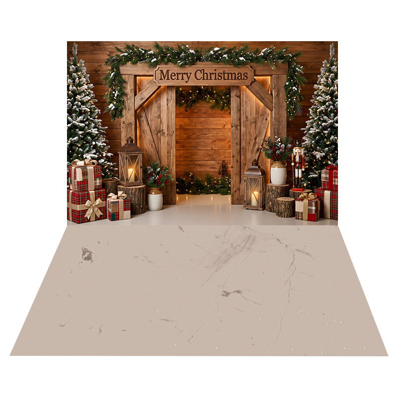 Rustic Christmas Barn Backdrop+Warm Ivory Marble Floor Backdrop CEMCBS65-39