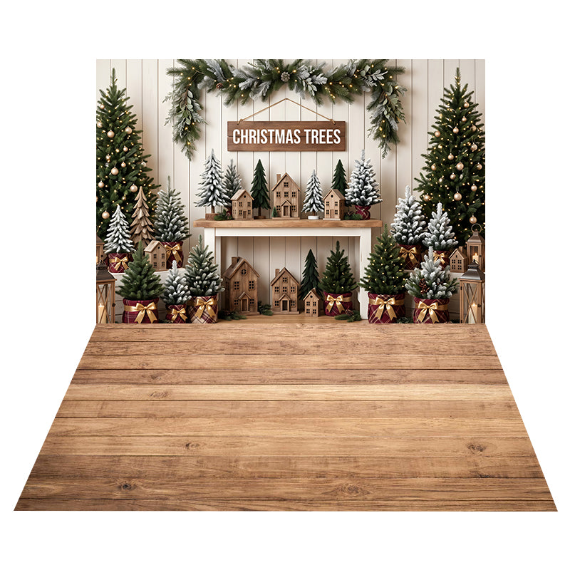 Rustic Christmas Tree Backdrop+Light Natural Wood Floor Backdrop CEMCBS65-5