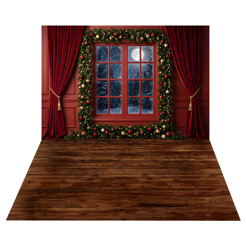 Red Garland Window Backdrop Dark+Rustic Wood Floor Backdrop CEMCBS65-6