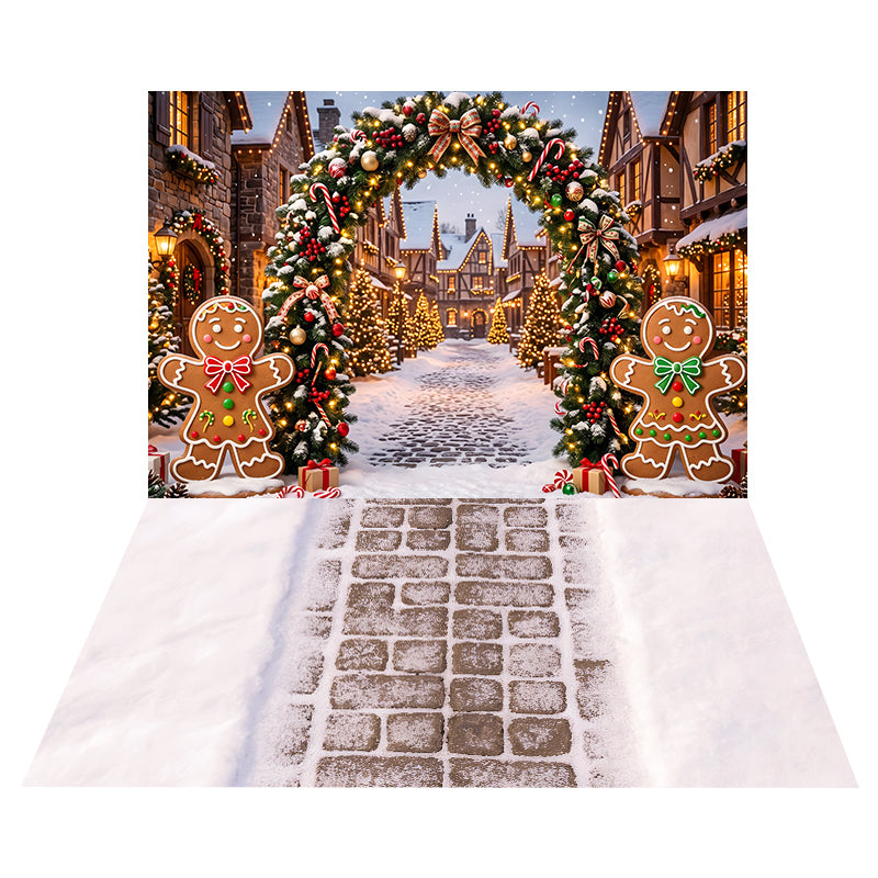 Gingerbread Village Garland Backdrop+Snowy Cobblestone Path Floor Backdrop CEMCBS65-9
