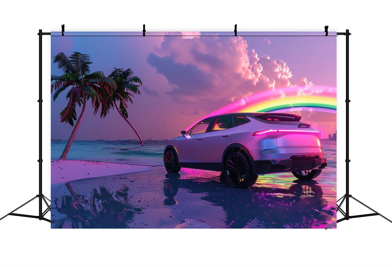 Pink Girl Movie Backdrop Tropical Neon Car Beach Backdrop CJJ2-106