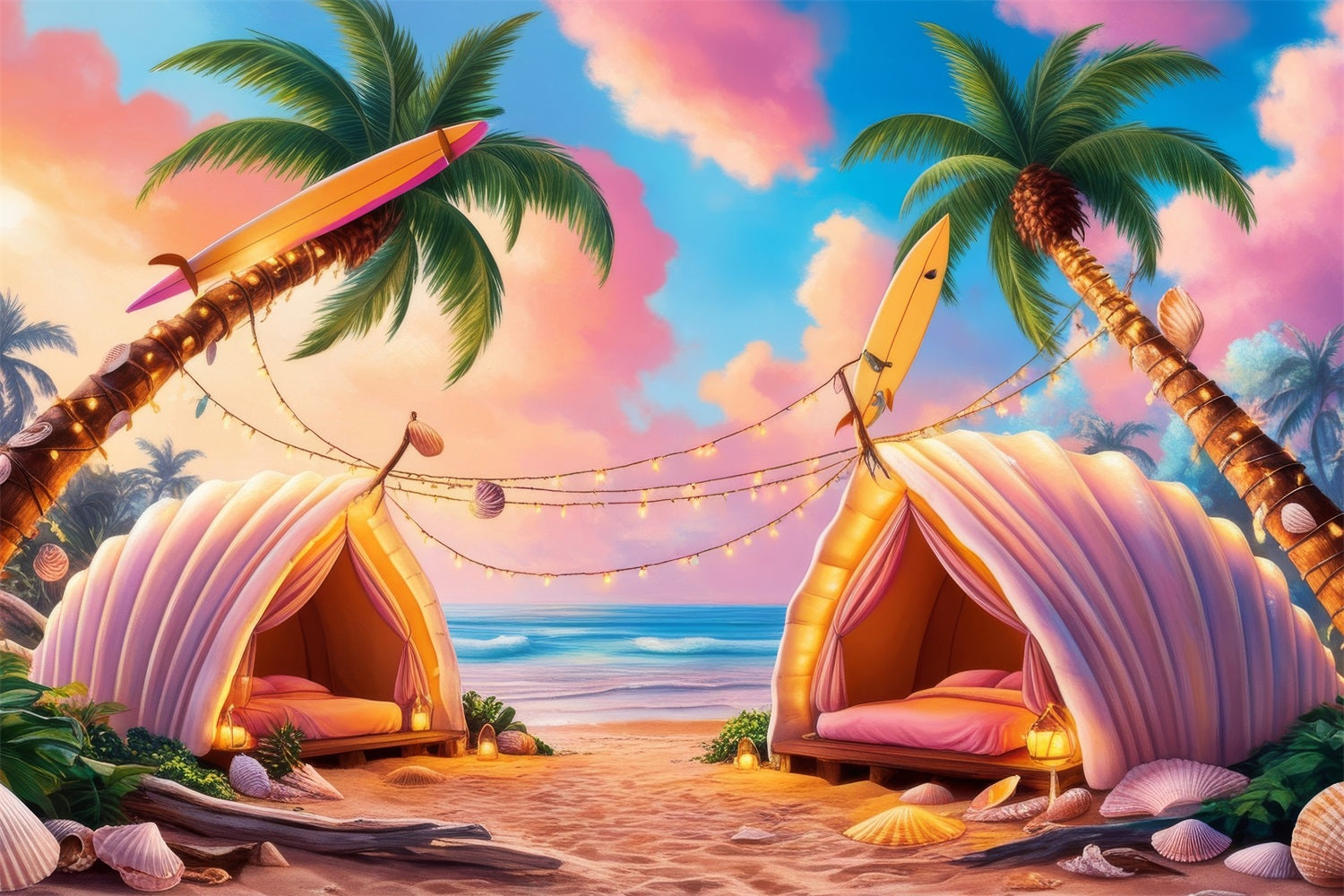 Pink Girl Beach Backdrop Tropical Shell Tent Resort Backdrop CJJ2-108