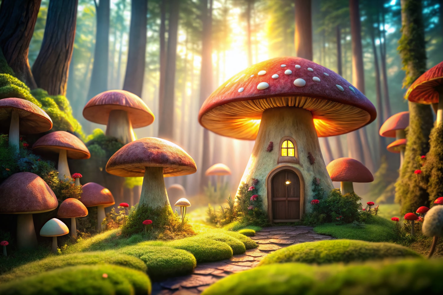 Fairy Tale Forest Backdrop Mystical Mushroom Cabin Backdrop CJJ2-119