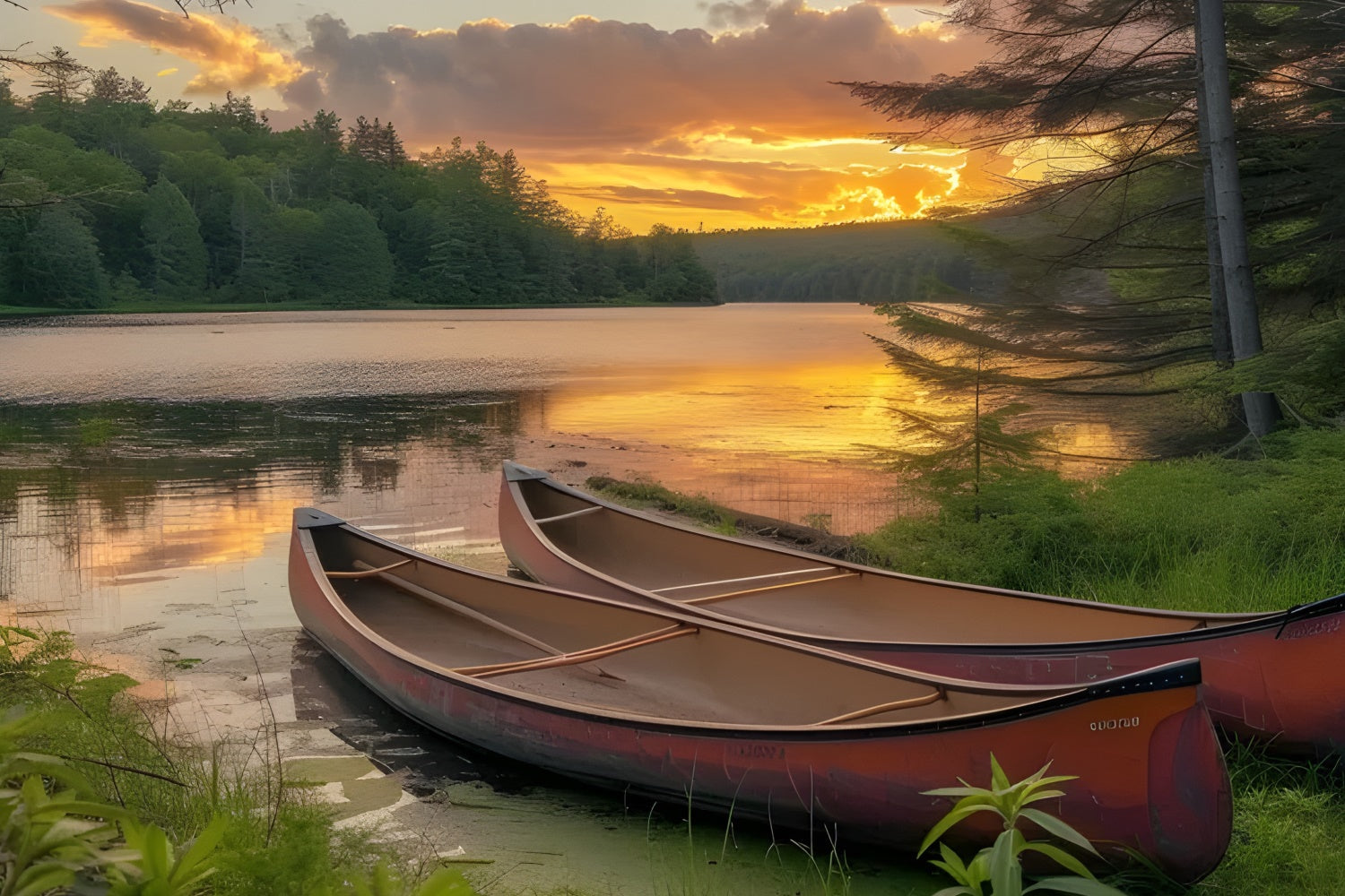 Photography Backdrops Forest Sunset Canoe Tranquil Lake Backdrop CJJ2-131