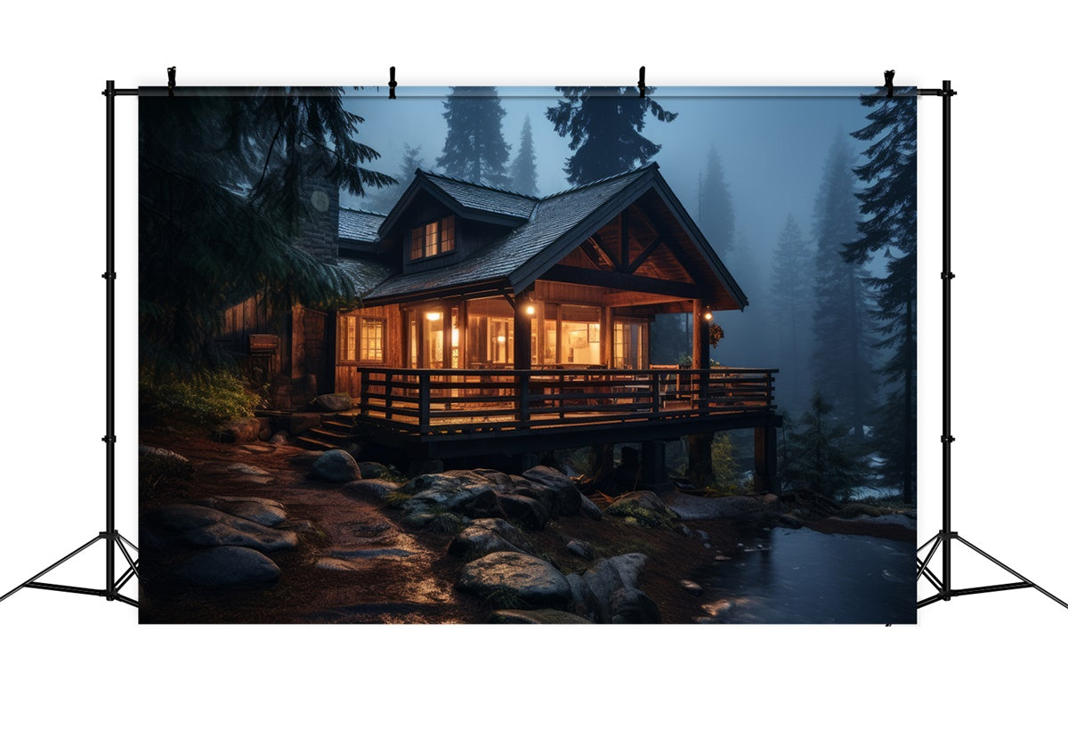 Forest Backdrop Photography Foggy Night Rustic Cabin Backdrop CJJ2-132