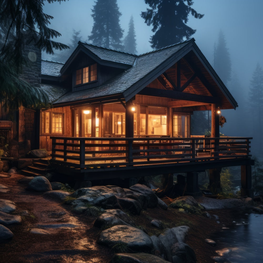 Forest Backdrop Photography Foggy Night Rustic Cabin Backdrop CJJ2-132